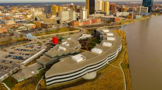 Bird's-eye view of waterfront area of city.